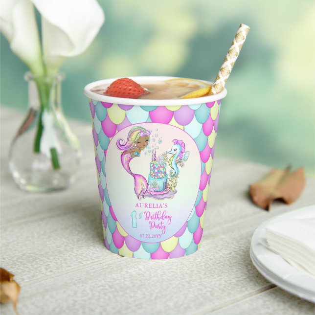 Gobelets En Papier Petite Sirène de Couleur - Fille 1er Anniversaire (Insitu)