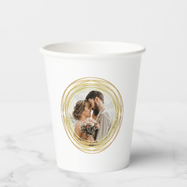 Gobelets En Papier Photo personnalisée Chic Mariage d'or blanc minima (Recto)
