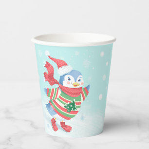 Gobelets En Papier Pingouin de patinage sur glace bleu