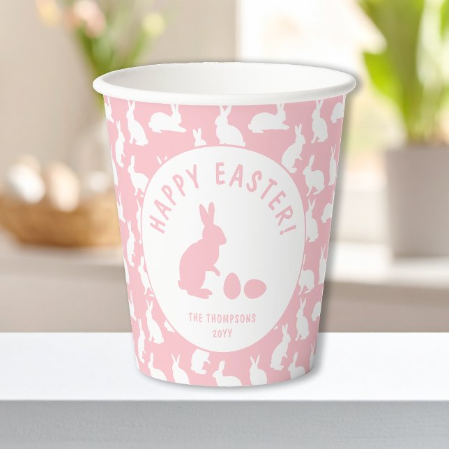 Gobelets En Papier Pink And White Bunny Rabbit Pattern Happy Easter (Créateur téléchargé)