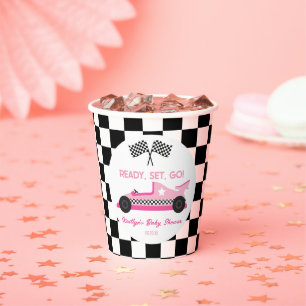 Gobelets En Papier Pink Black Race Car Ready Set Go Baby shower