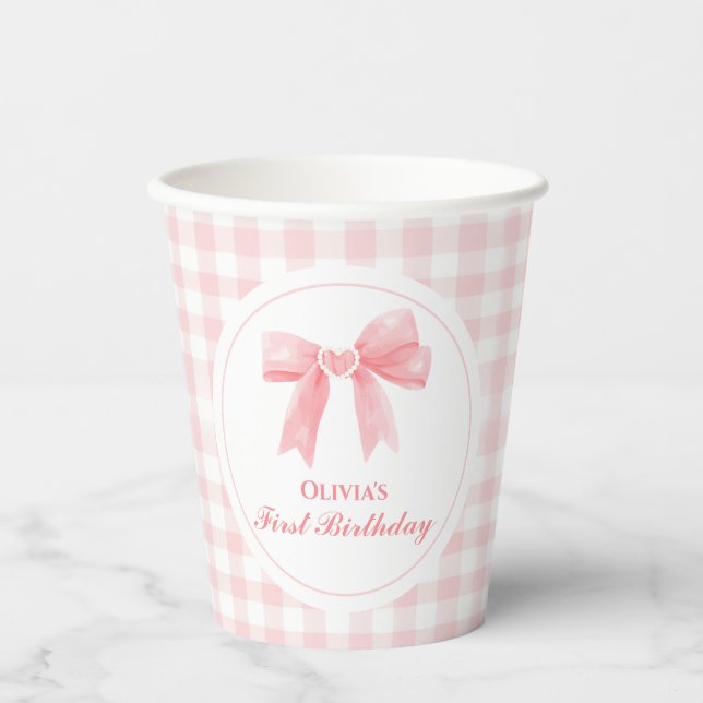 Gobelets En Papier Pink Bow preppy Coquette 1er anniversaire (Recto)