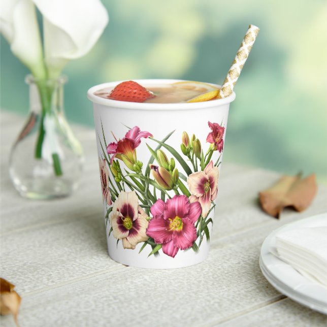 Gobelets En Papier Pink Daylilies Floral Botanal Art (Insitu)