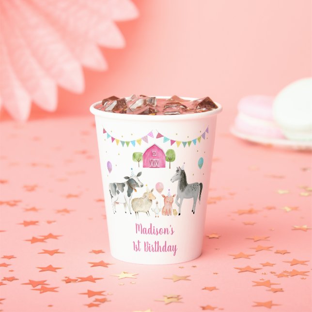 Gobelets En Papier Pink Farm Barnyard anniversaire (Insitu)