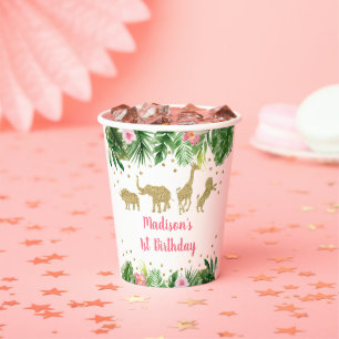 Gobelets En Papier Pink Gold Girl Safari animal Anniversaire