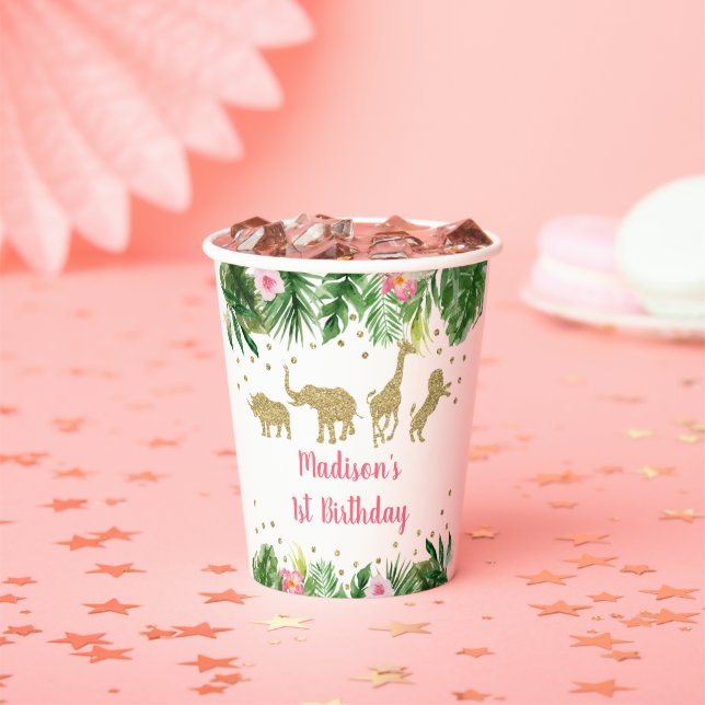 Gobelets En Papier Pink Gold Girl Safari animal Anniversaire (Insitu)