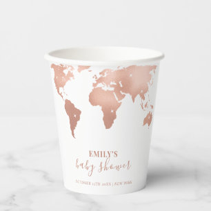 Gobelets En Papier Pink Gold World Map Voyage Baby shower d'aventure