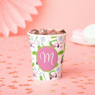Gobelets En Papier Pink & Green Golf Personnalisé Monogramme