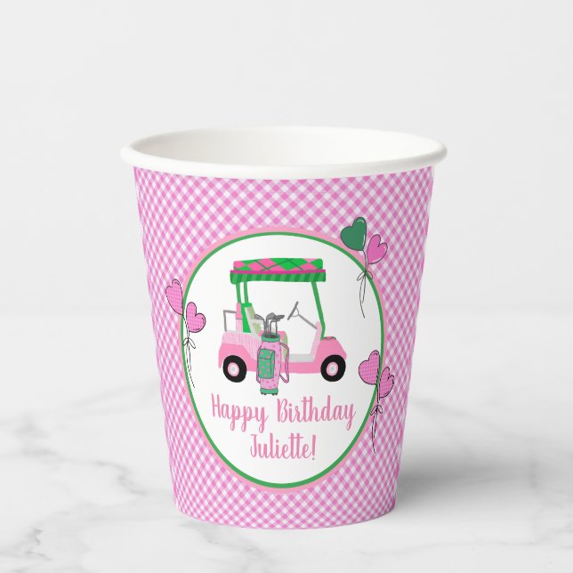 Gobelets En Papier Pink & Green Golf Thème Fête Personnalisée (Recto)
