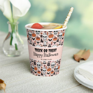 Gobelets En Papier Pink Halloween Tricoter ou traiter Nom de famille