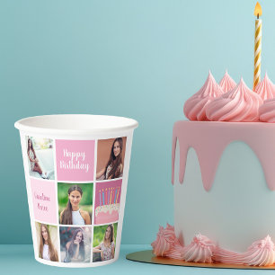 Gobelets En Papier Pink Photo Collage Custom Femmes's Birthday Party