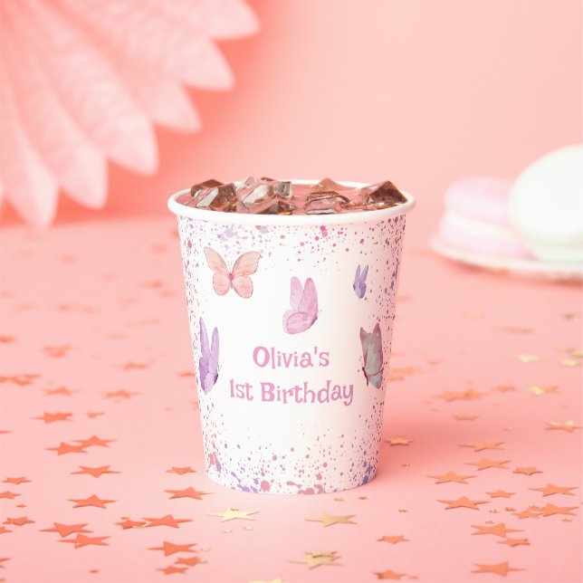 Gobelets En Papier Pink Purple Butterfly Birthday (Insitu)