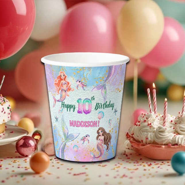 Gobelets En Papier Pink Purple Glitter Mermaids 10th Birthday Party (Créateur téléchargé)