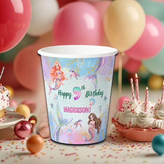 Gobelets En Papier Pink Purple Glitter Mermaids 9th Birthday Party (Créateur téléchargé)