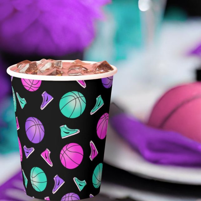 Gobelets En Papier Pink Purple Turquoise Neon Baskets de basket-ball  (Créateur téléchargé)