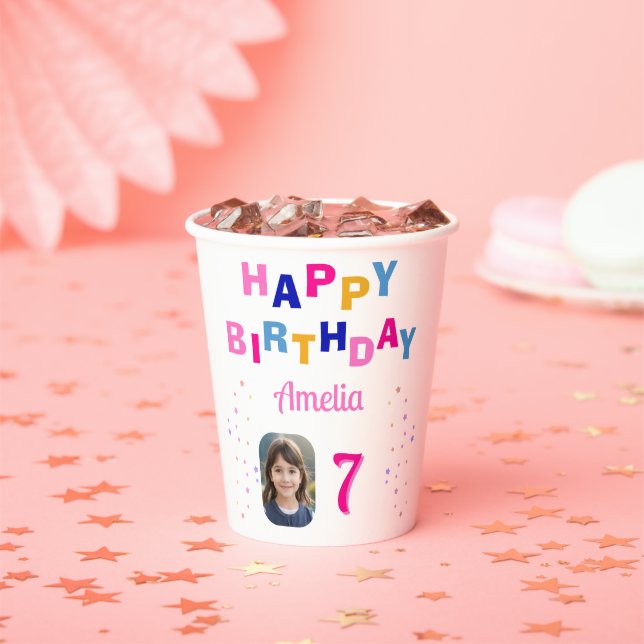 Gobelets En Papier Pink Stars Joyeux Anniversaire Fille Photo (Insitu)