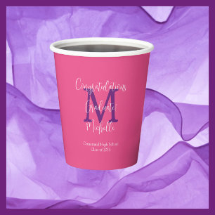 Gobelets En Papier Pink violet blanc Monogrammé Parti de graduation