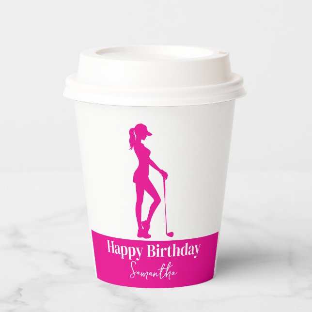 Gobelets En Papier Pinky Lady Golfer Anniversaire Monogramme (Recto)