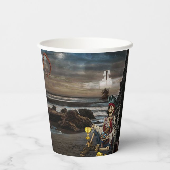Gobelets En Papier Pirate Skeleton sur la Beach Birthday Party (Verso)