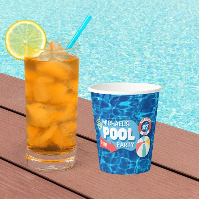 Gobelets En Papier Piscine d'été Fête Tropicale Anniversaire Bleu (Créateur téléchargé)