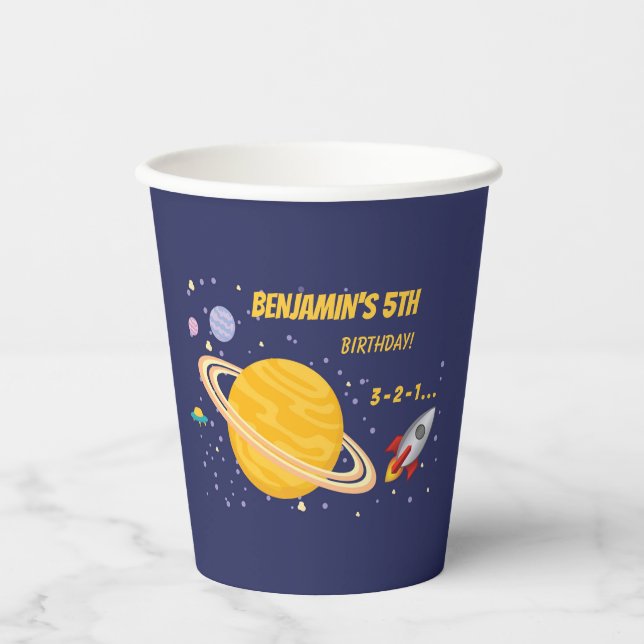 Gobelets En Papier Planètes d'anniversaire et Rockship dans l'espace  (Recto)