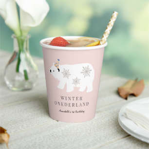 Gobelets En Papier Polar Bear Winter Wonderland Rose 1er anniversaire