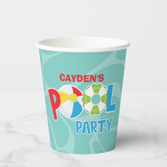 Gobelets En Papier Pool Party Boy rouge bleu Coupes de papier d'anniv (Recto)