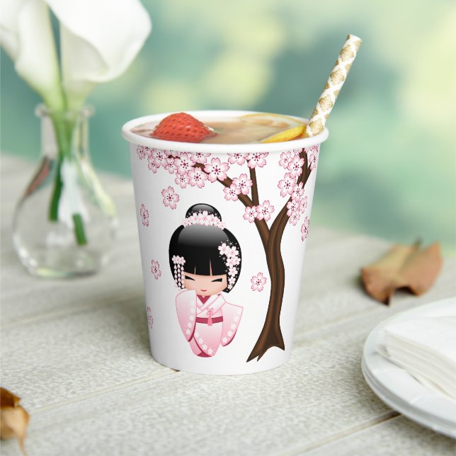 Gobelets En Papier Poupée blanche Kimono Kokeshi - mignonne Geisha Gi (Insitu)