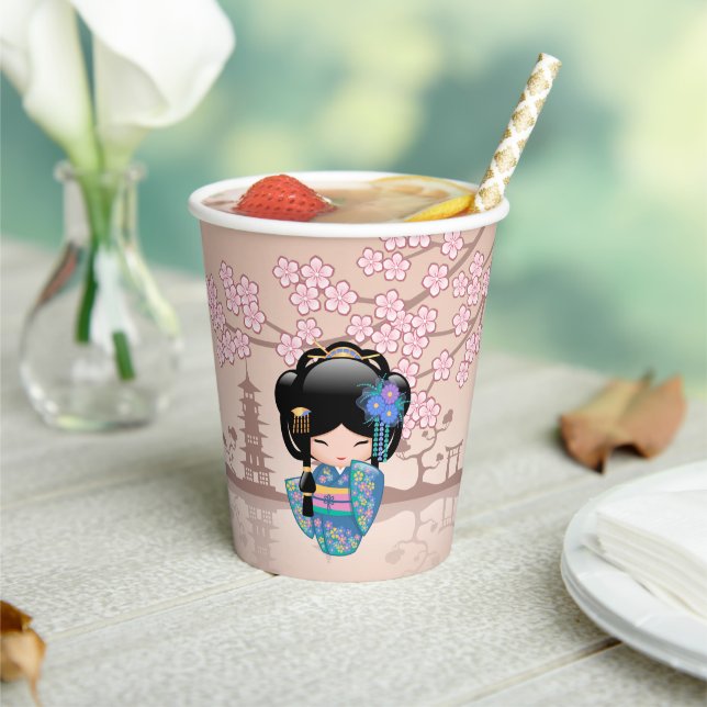 Gobelets En Papier Poupée Keiko Kokeshi - Blue Kimono Geisha Girl (Insitu)