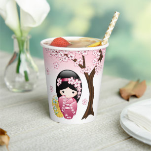 Gobelets En Papier Poupée Kokeshi Printemps - Cute Japonaise Geisha G