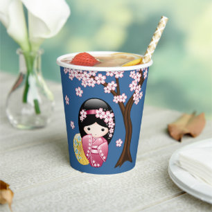 Gobelets En Papier Poupée Kokeshi Printemps - mignonne Geisha Girl su