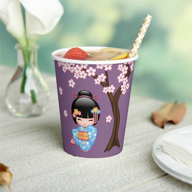 Gobelets En Papier Poupée Maiko Kokeshi - Blue Kimono Geisha Girl (Insitu)