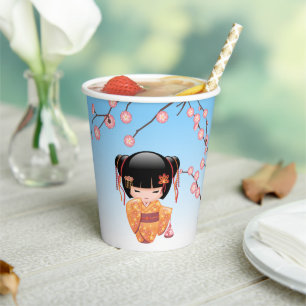 Gobelets En Papier Poupée Ume Kokeshi - Japonaise Geisha Girl Blue