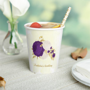 Gobelets En Papier pourpre royal & fleurs blanches or