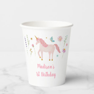 Gobelets En Papier Pré-anniversaire Licorne Prairie Rose Pastel Or