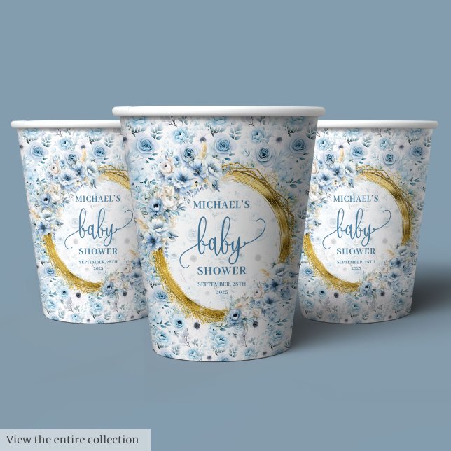 Gobelets En Papier Précieux pastel bleu aquarelle fleurs or bébé (Precious pastel blue watercolor flowers gold baby Paper Cups)