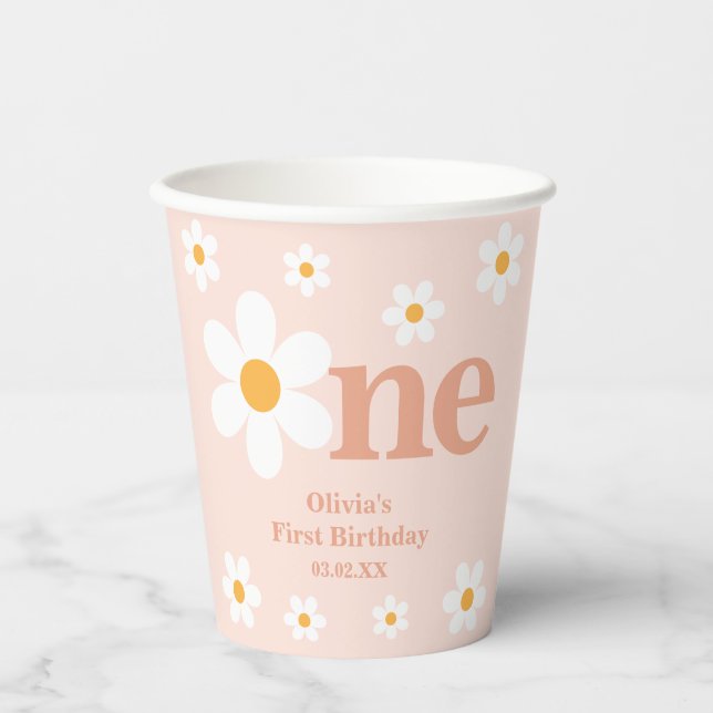Gobelets En Papier Premier anniversaire de Spring Pink Daisy (Recto)