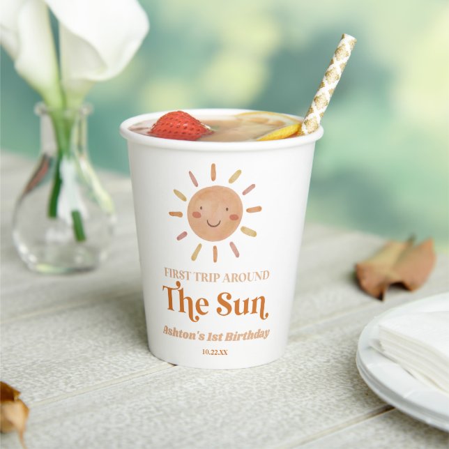 Gobelets En Papier Premier Voyage Autour Du Soleil Boho 1ère fête d'a (Insitu)