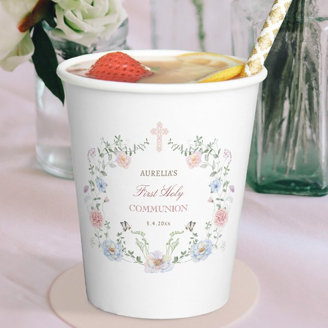 Gobelets En Papier Première communion de cadre floral élégant (Créateur téléchargé)