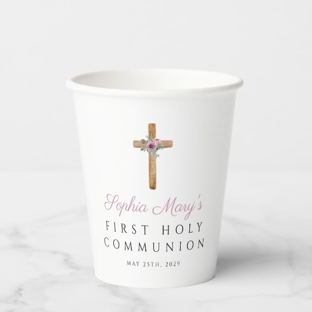 Gobelets En Papier Première communion florale personnalisée (Recto)