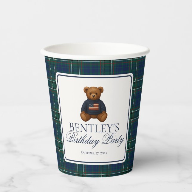 Gobelets En Papier Preppy Bear Tartan Pattern Boy Birthday Party (Recto)