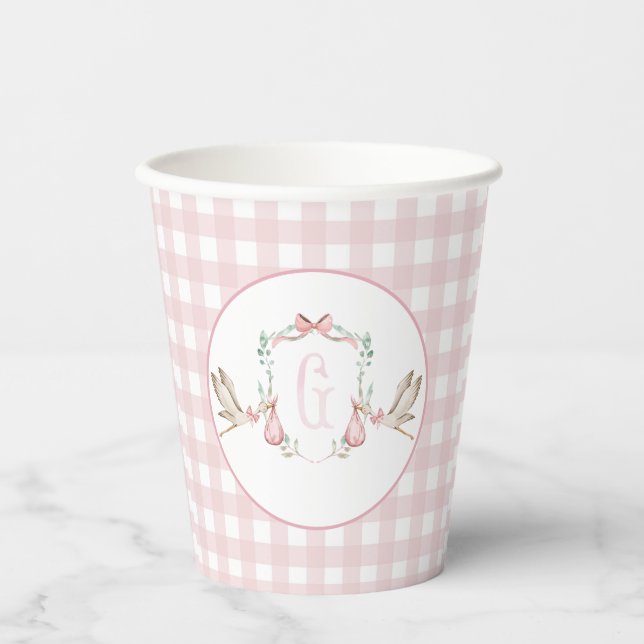 Gobelets En Papier Preppy Southern Rose Girl Baby shower de cigogne (Recto)