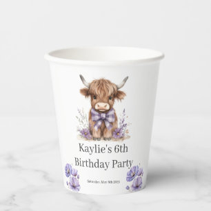 Gobelets En Papier Purple Highland Cow fête d'anniversaire