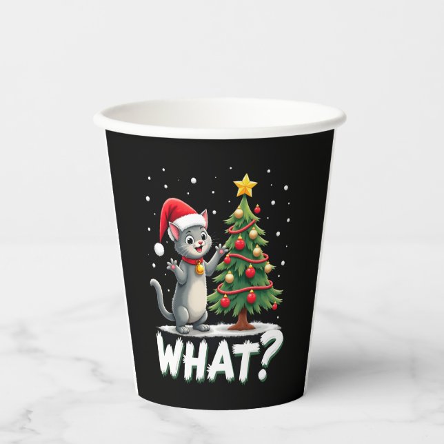 Gobelets En Papier Quel chat drôle poussant l'arbre de Noël sur le ch (Recto)