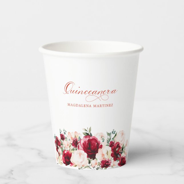 Gobelets En Papier Quinceane Party Rouge Rose Peine rose Personnalisé (Recto)