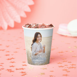 Gobelets En Papier Quinceañera 2 Photos et Script blanc tendance mode