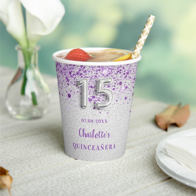 Gobelets En Papier Quinceanera argent violet parties scintillant (Insitu)