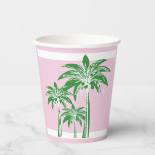 Gobelets En Papier Rayure de palmier rose et vert Douche Tropicale