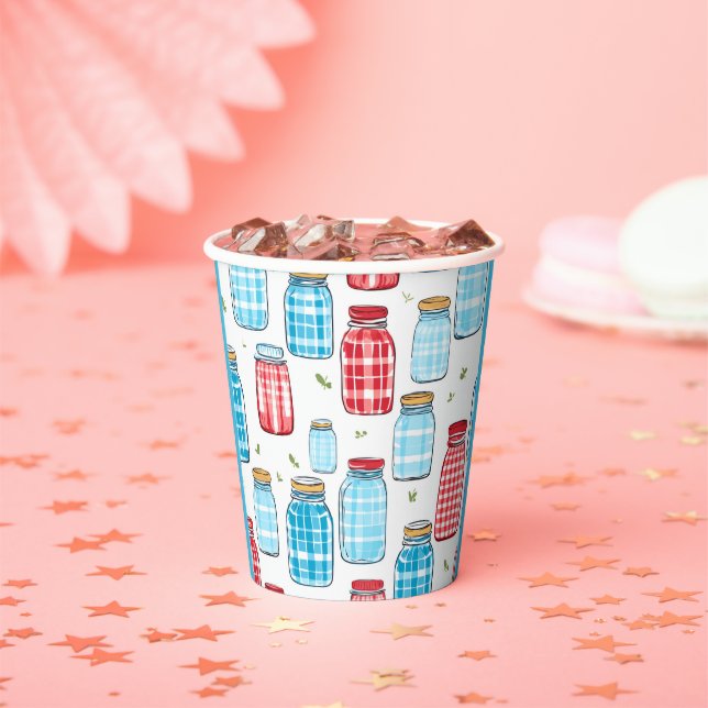 Gobelets En Papier Red and Blue Gingham Mason Jar Pattern  (Insitu)