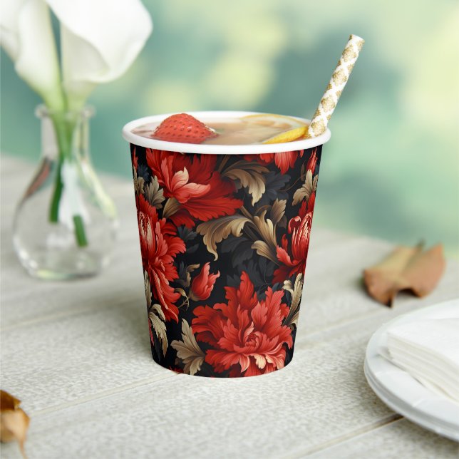 Gobelets En Papier Red Floral Peony Moderne (Insitu)